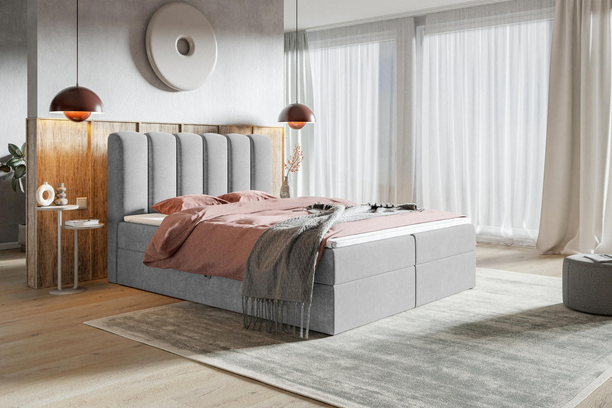 BOXSPRINGBETT 180x200 Rimini mit Matratze und Bettkasten, Hellgrau - Hellgrau, Holz/Textil (180/200cm) - Emporius
