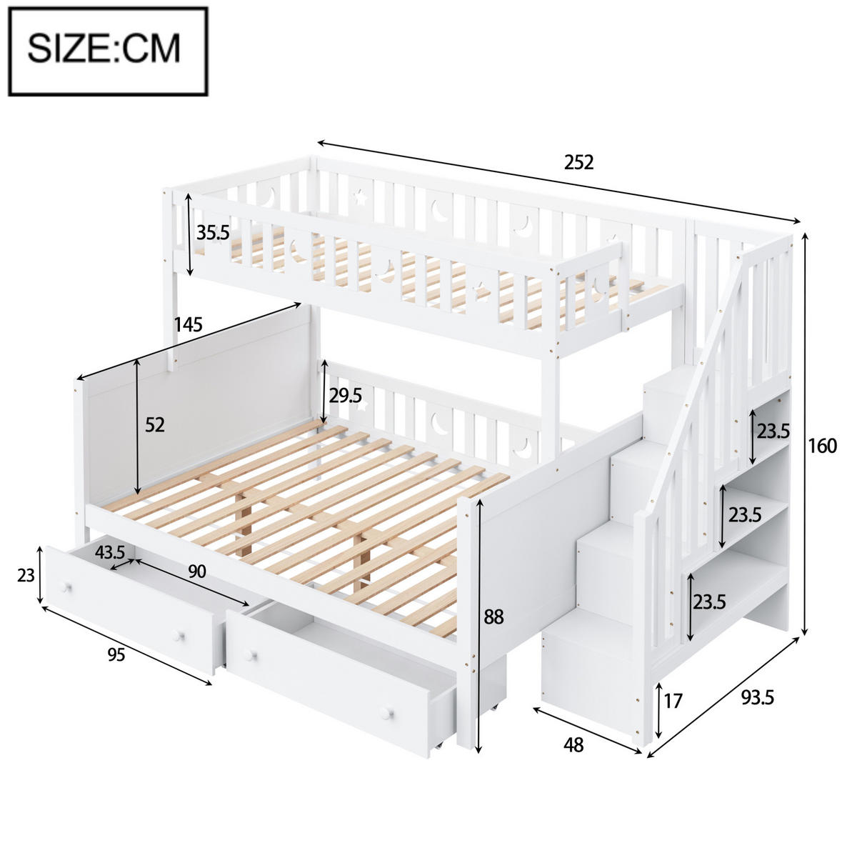 ETAGENBETT aus Massivholz 90x200/140x200 cm in Weiß mit Treppe & 2 Schubladen - Weiß, Holz (90/200cm) - Modfu