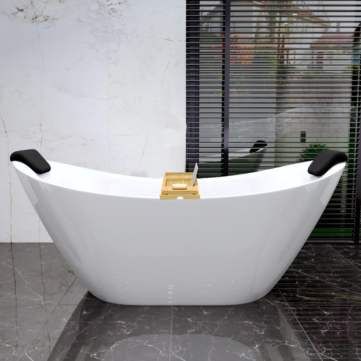 BADEWANNE ivar freistehend 180/80 cm, 5-tlg. Set Bambusablage 2 Kopfstützen kodi Klick-Klack-Ablauf - Weiß, Kunststoff (80/76/180cm) - bad land
