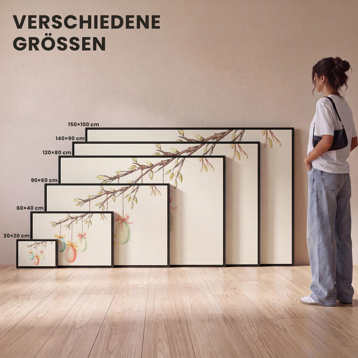 LEINWAND Bilder mit Rahmen - Osterkuchen - Schleife - Eier - 120x80 - Creme, Textil (120/80cm) - MuchoWow