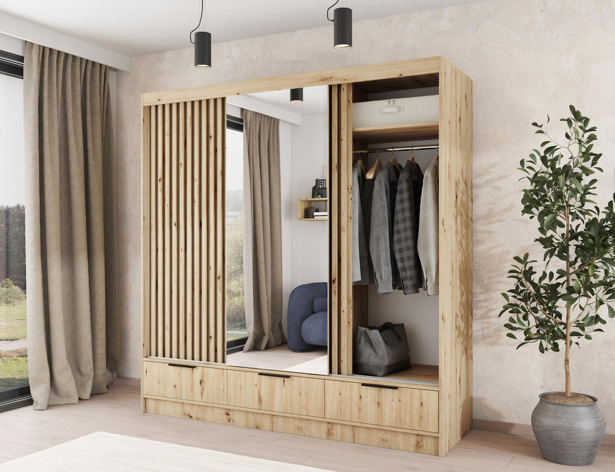 SCHIEBETÜRENSCHRANK - Schrank Yoga 180 mit Spiegel - Eiche Artisan - Schwarz/Eiche Artisan, Holzwerkstoff/Metall (180/204/60cm) - Möblo