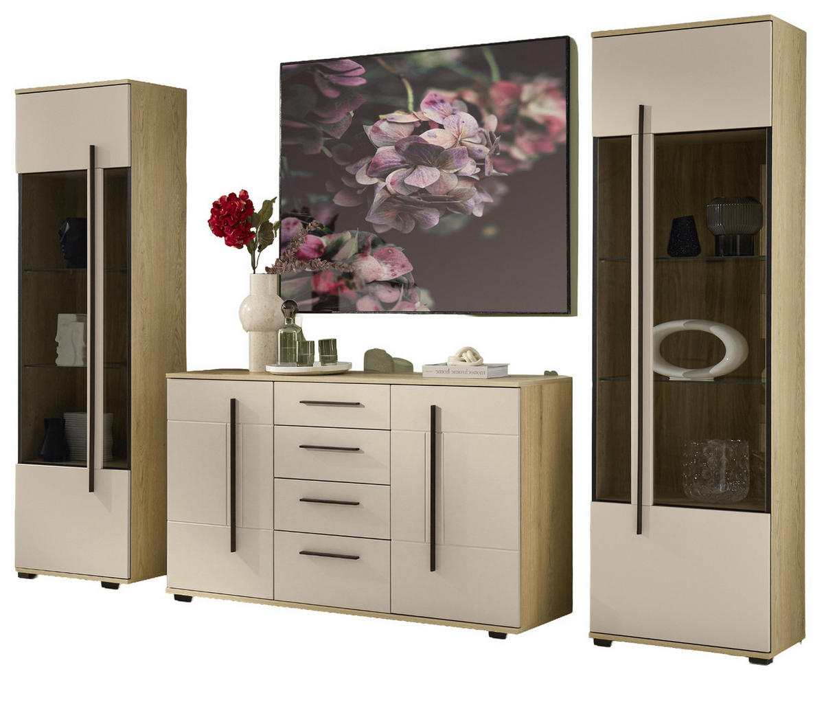 WOHNWAND Kaschmir, Eiche 3-teilig 290 cm, Wohnzimmer Set mit Soft-Close - Kaschmir/Eichefarben, Glas/Holzwerkstoff (290/200/42cm) - Furn.Design
