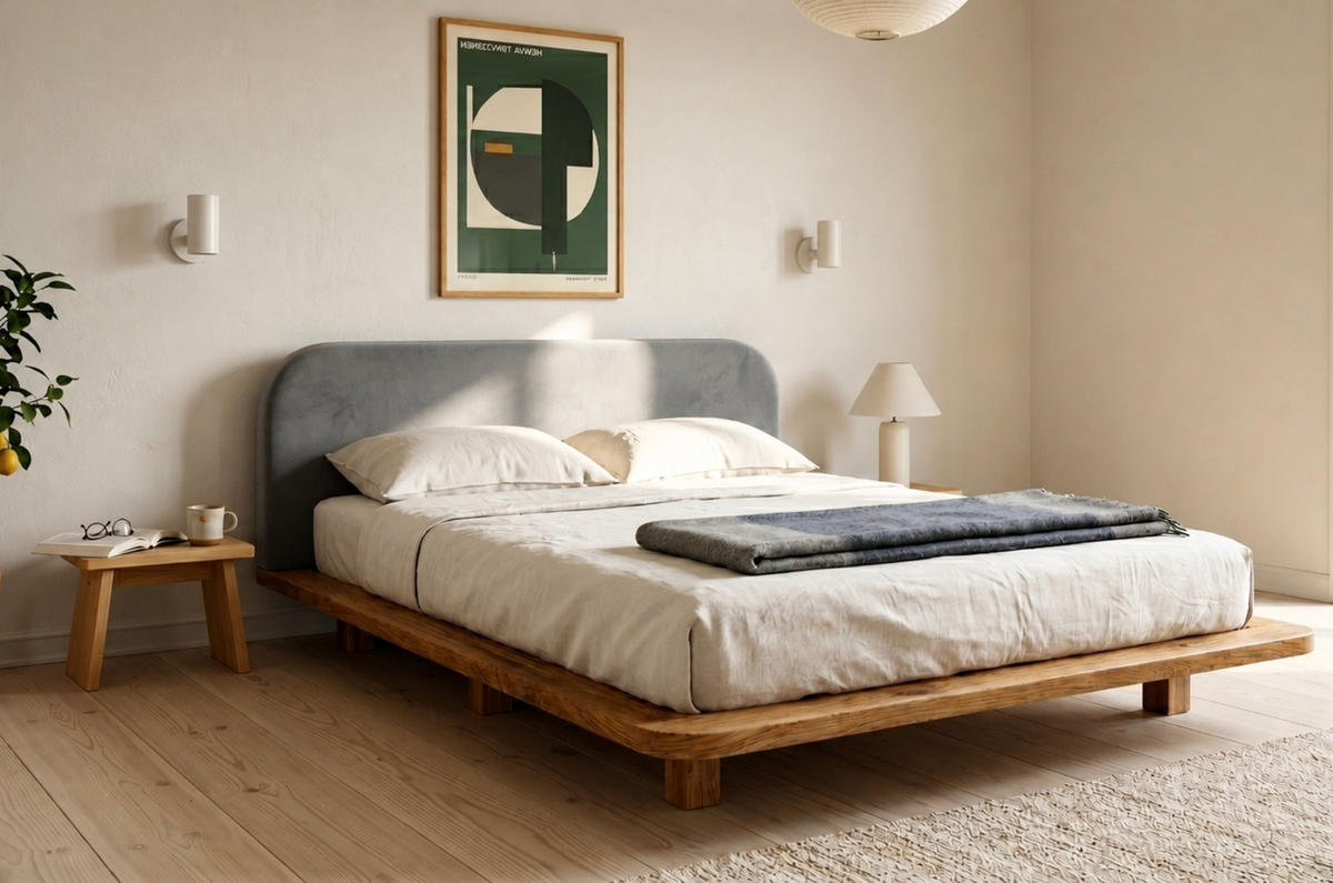 MASSIVHOLZBETT Eyko BORA, 140/200, Wildeiche - lackiert, Samt-Kopfteil Grau - Eichefarben/Grau, Holz/Textil (140/200cm)