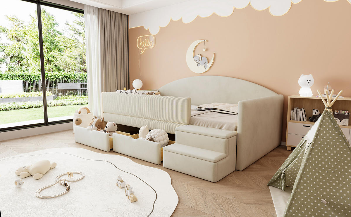 POLSTERBETT 90/190 cm in Beige mit 2 Schubladen und Stufen Samt - Beige, Holzwerkstoff/Textil (90/190cm) - CHICFURN