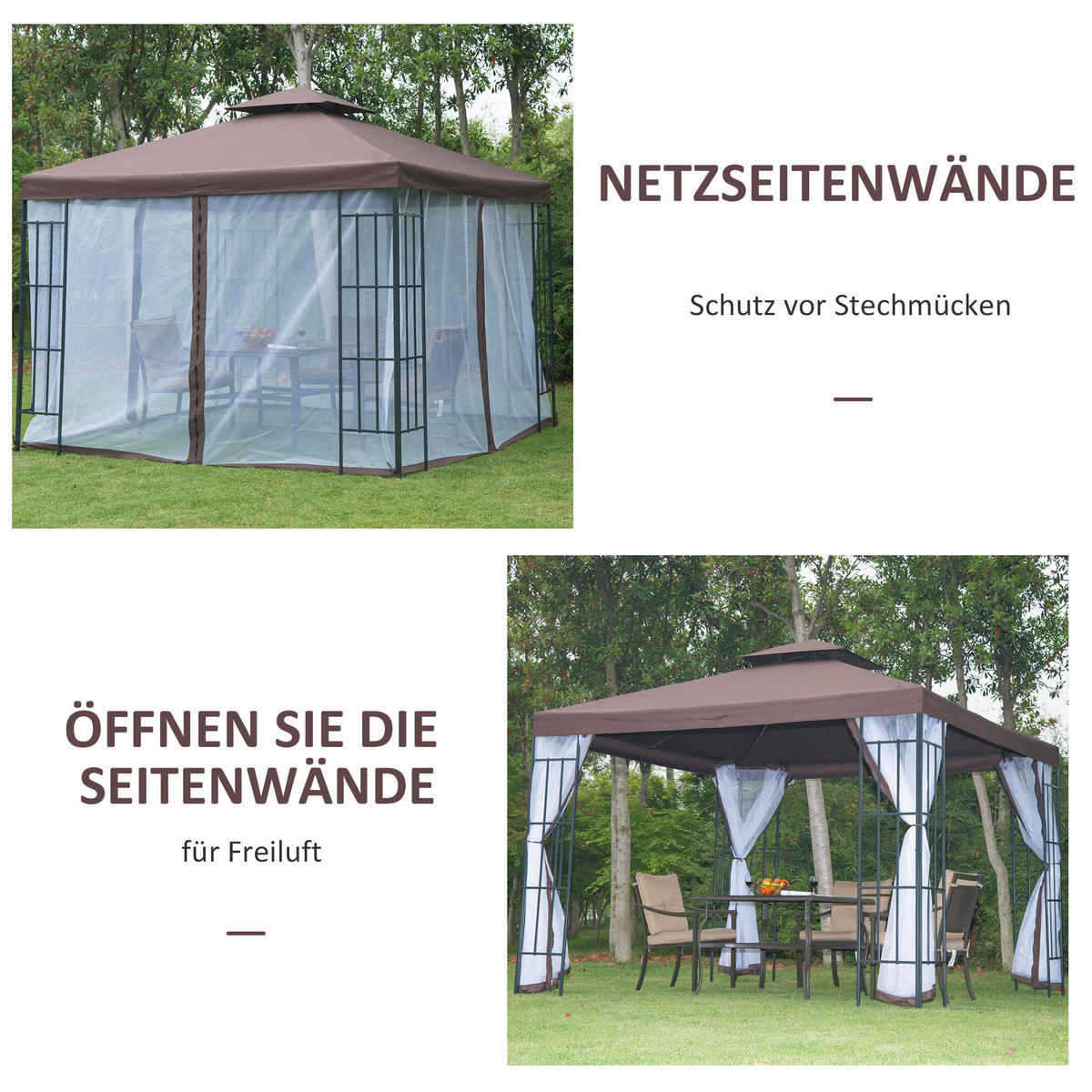 PAVILLON, Kaffeebraun+Weiß+Schwarz, Stahl, 180g/m² Polyester - Braun, Metall (297/270/297cm) - Outsunny