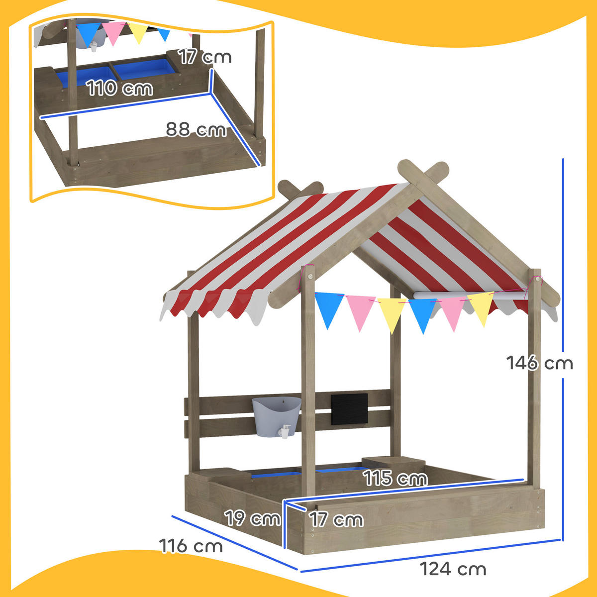 SANDKASTEN DE-10466 mit Sonnenschutz & Spielhaus-Design Grau - Grau, Holzwerkstoff (124/116/146cm) - ComfortXL