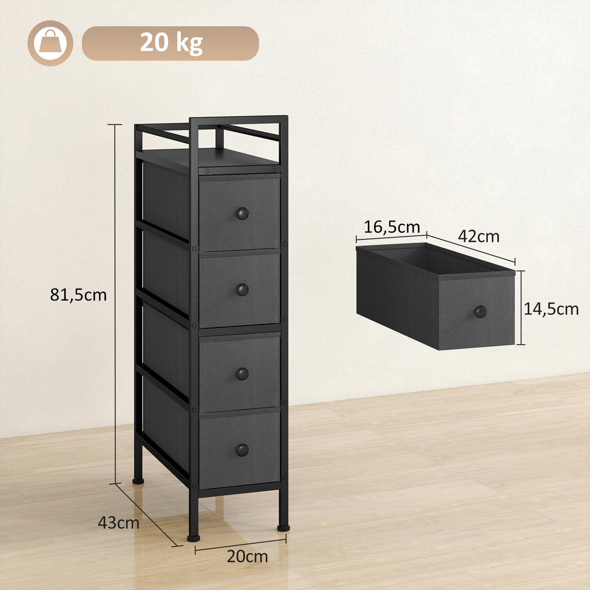 KOMMODE Schrank mit 4 Schubladen aus Vliesstoff Schmal Aufbewahrungsschrank - Schwarz, Kunststoff/Textil (43/81.5/20cm) - HOMCOM
