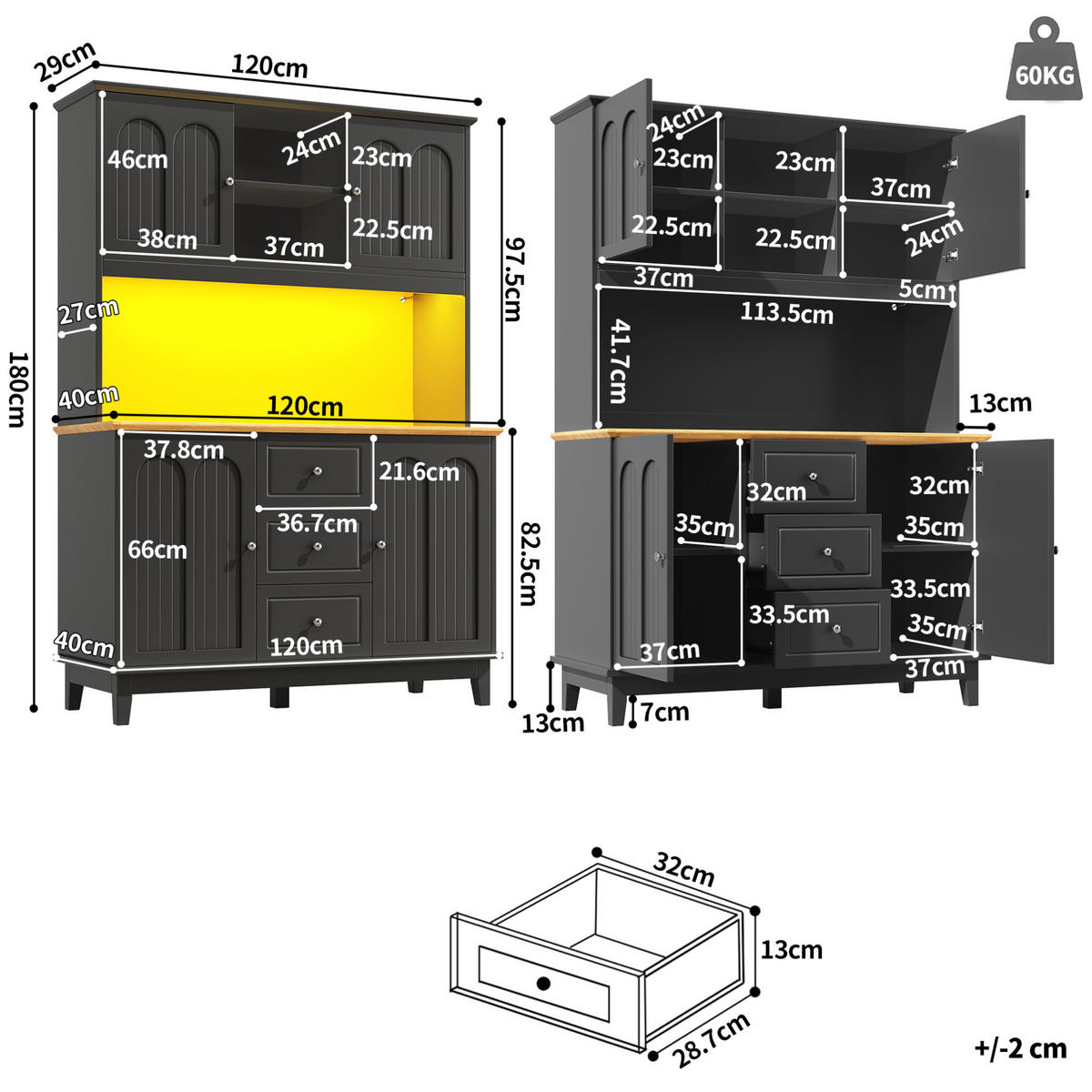 BUFFET 120/40/180 cm in Schwarz/Natur mit LED-Beleuchtung und USB-Ladefunktion - Schwarz, Holzwerkstoff (120/180/40cm) - Flora Grace