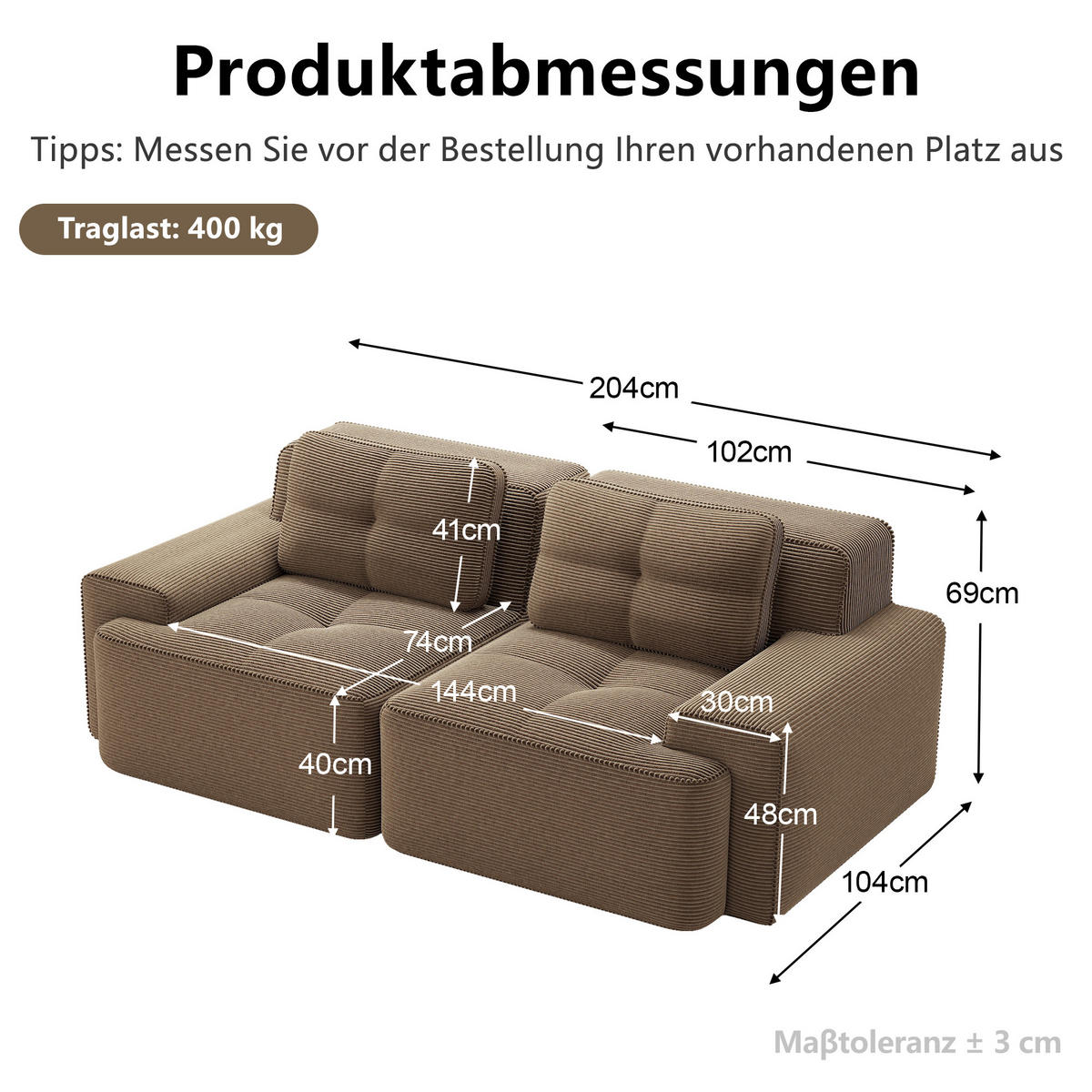 2-SITZER-SOFA DE-34113 modular mit Tiefsitz Braun - Braun, Textil (104/69/204cm) - ComfortXL