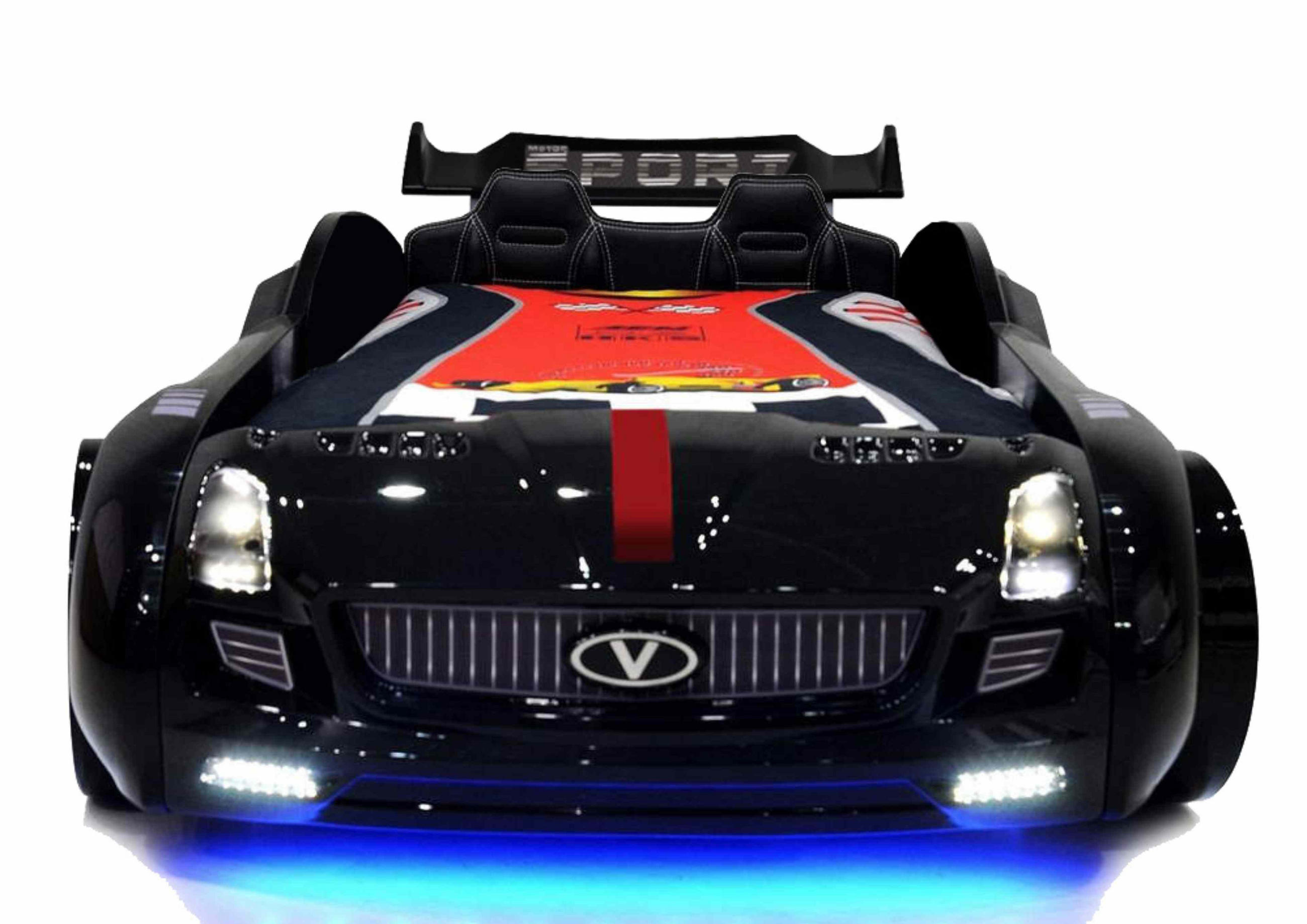 AUTOBETT Roadster Schwarz Kinderbett LED Sound Sportsitze Lattenrost Spoiler - Schwarz, Holzwerkstoff/Kunststoff (90/190cm) - Aileenstore