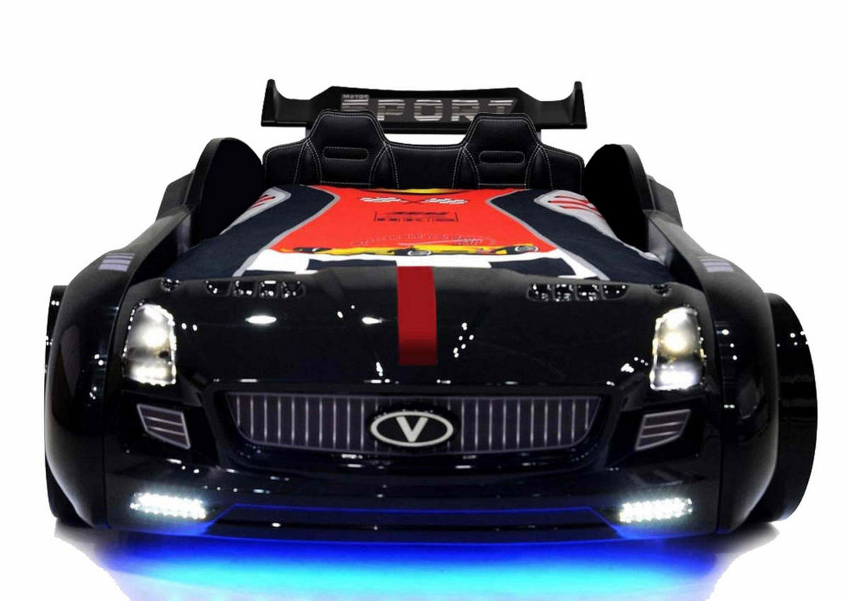 AUTOBETT Roadster Schwarz Kinderbett LED Sound Sportsitze Lattenrost Spoiler - Schwarz, Holzwerkstoff/Kunststoff (90/190cm) - Aileenstore