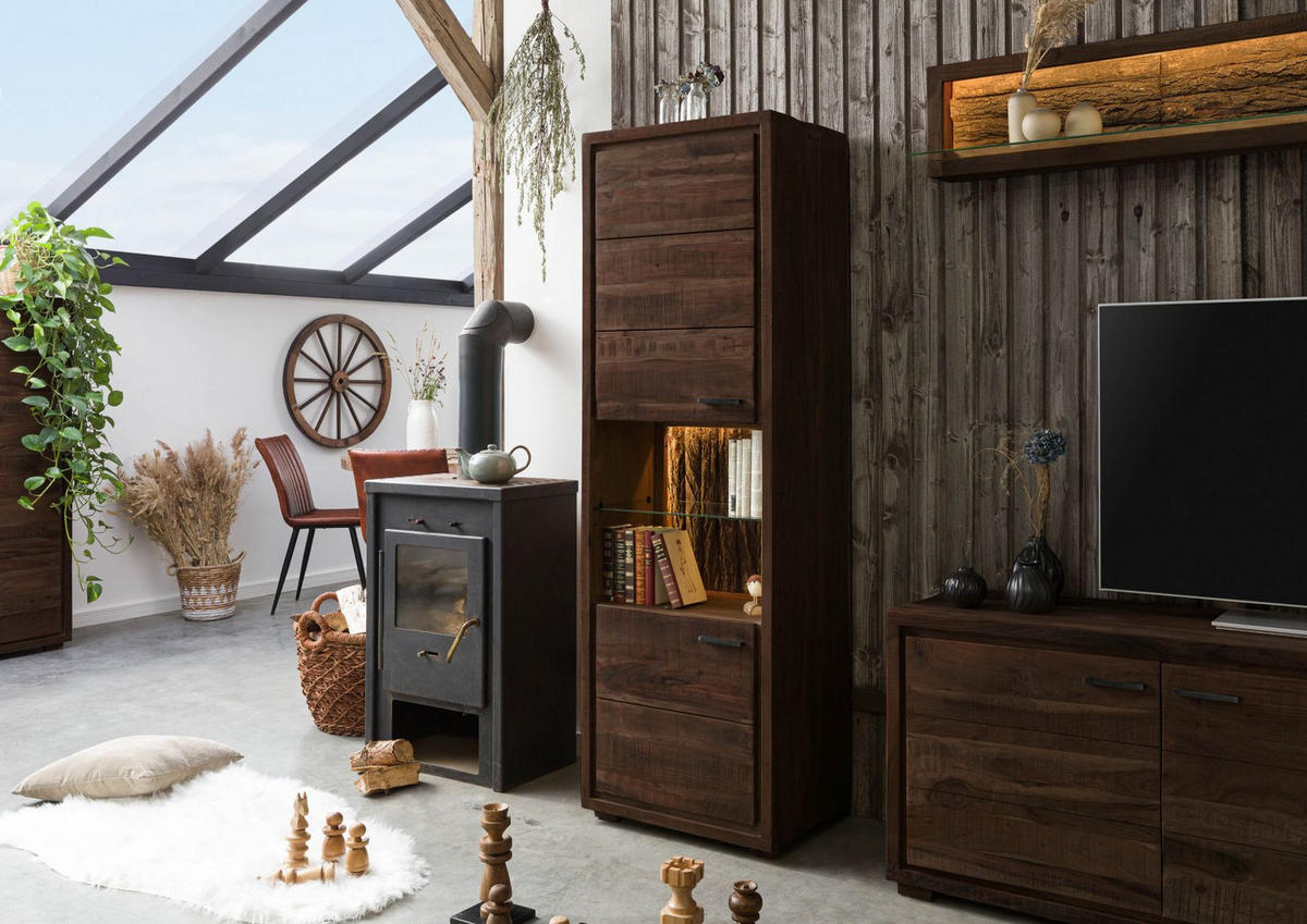 VITRINE Akazie 58x40x180 dunkelbraun lackiert BARK #202 - Dunkelbraun, Holz (58/180/40cm) - Massivmoebel24