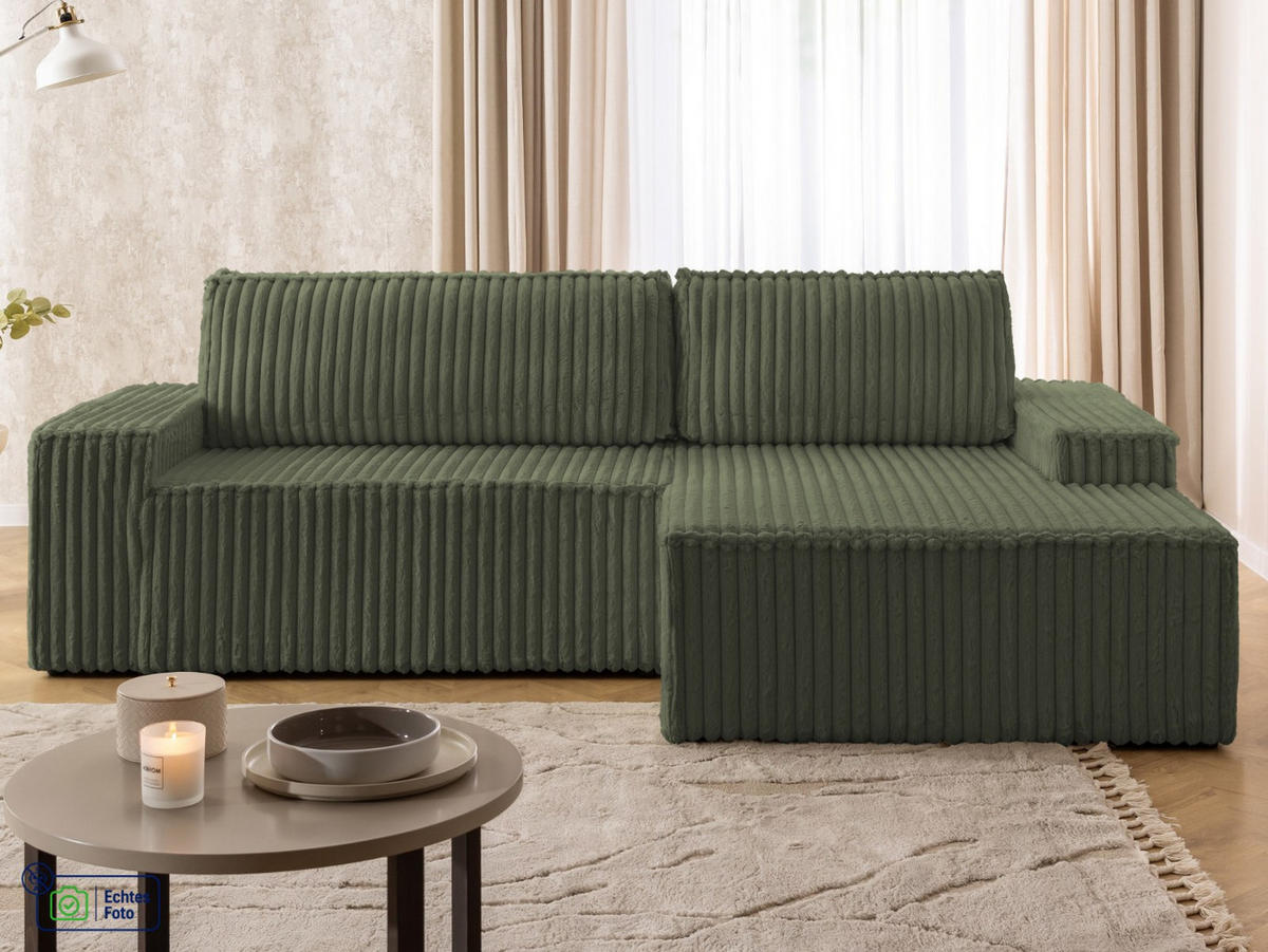 ECKSOFA Rivio mit Schlaffunktion und Bettkasten, Plüschcord Grün - Schwarz/Grün, Holz/Kunststoff (262/149cm) - S-Style