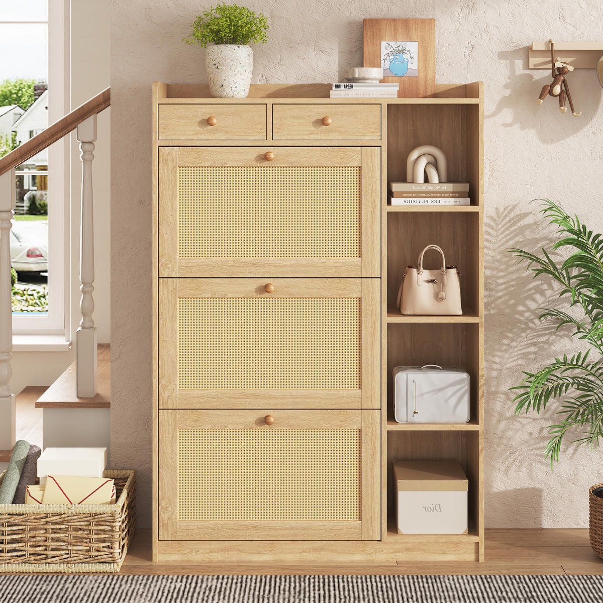 SCHUHSCHRANK 90x24x130cm Rattan mit 3 Klappen, 2 Schubl. - Naturfarben, Holzwerkstoff (90/130/24cm) - FLIEKS
