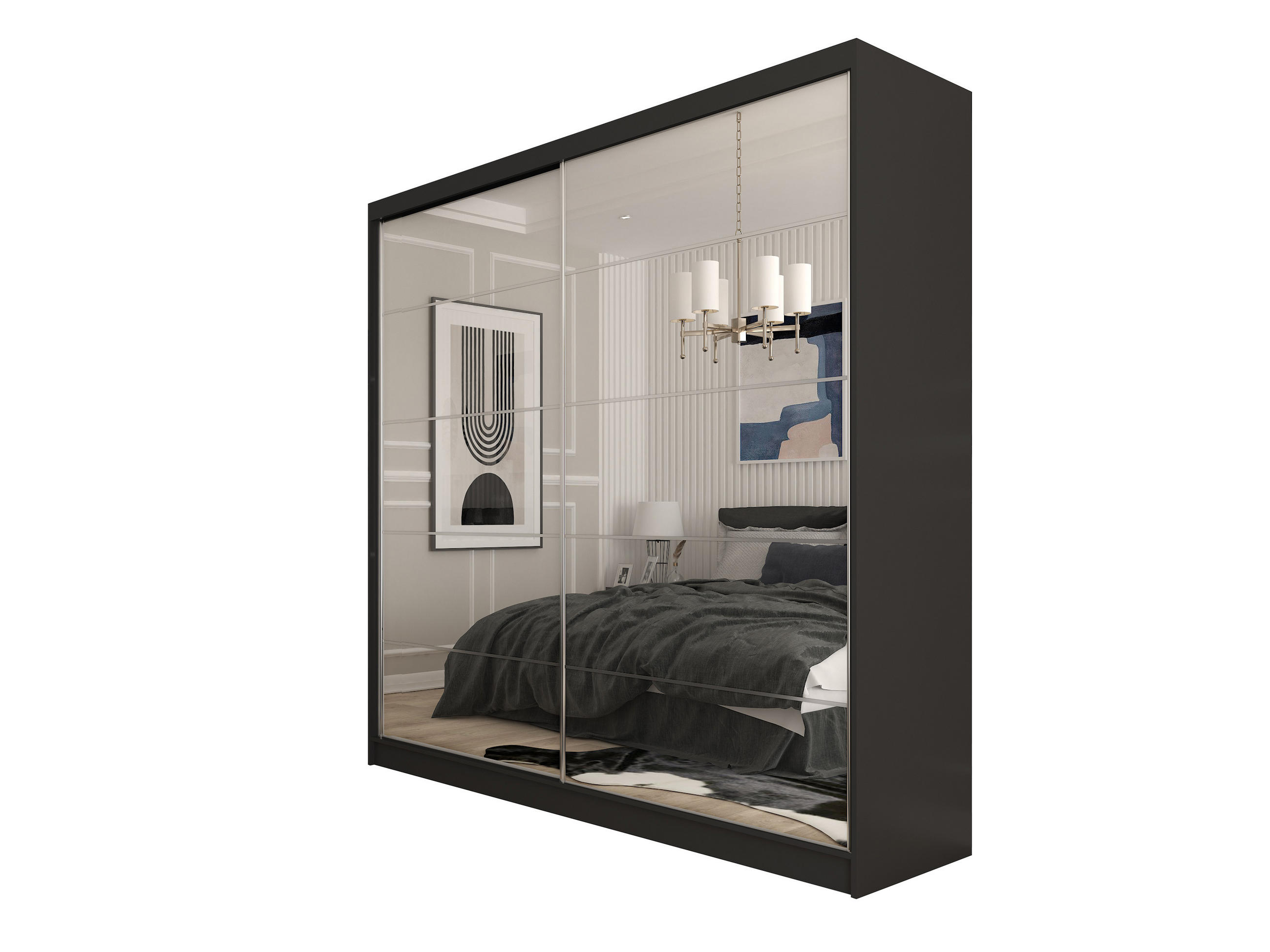 SCHWEBETÜRENSCHRANK FIORELLA 200/216/61 cm 2-türig mit Spiegel Schwarz - Schwarz, Holzwerkstoff (200/216/61cm) - MASSENO