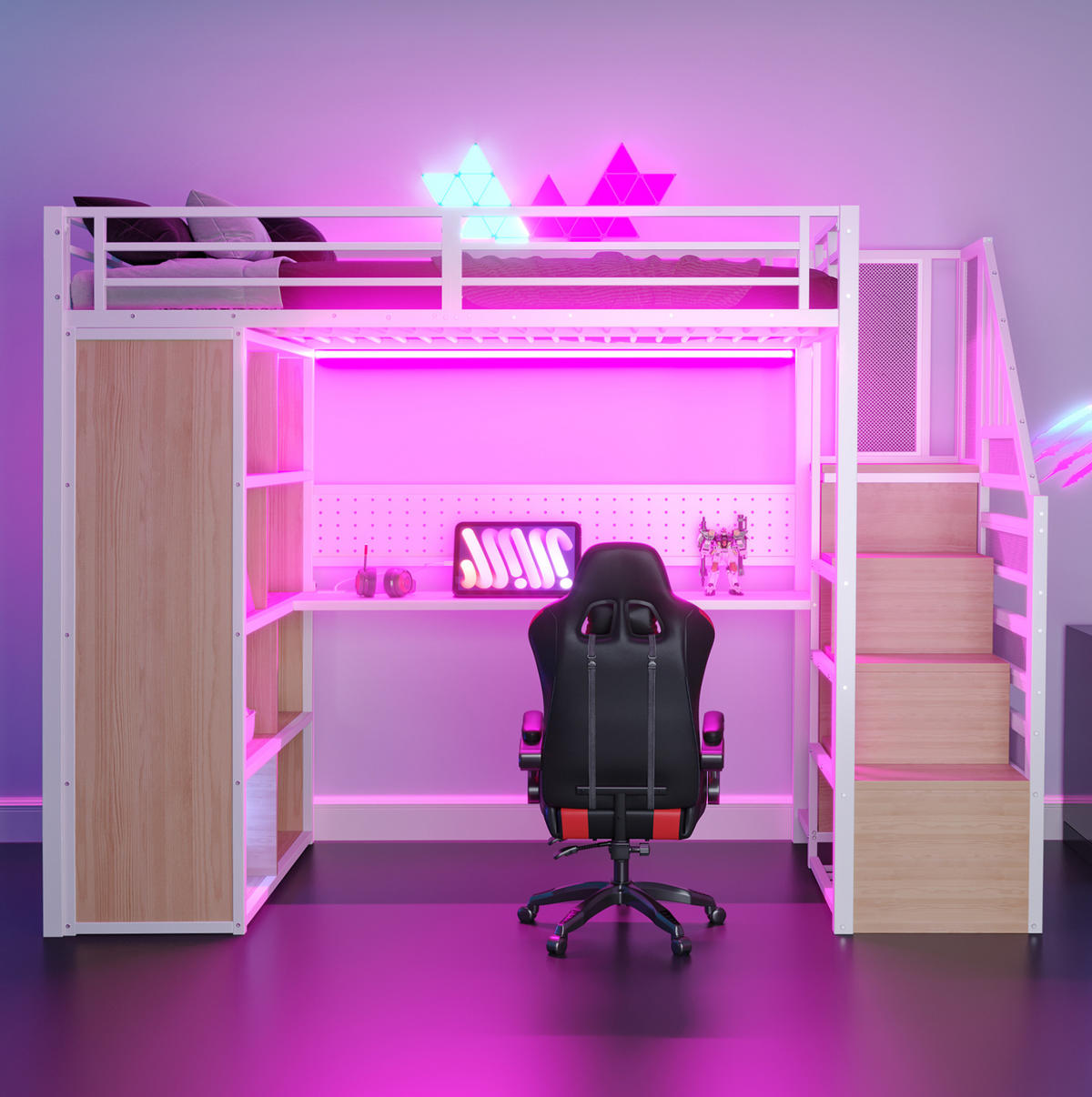 HOCHBETT 90/200 cm aus Metall und werkstoff mit Schreibtisch, Stauraumtreppe, Kleiderschrank und LED, Weiß - Weiß, Metall (90/200cm) - Redom