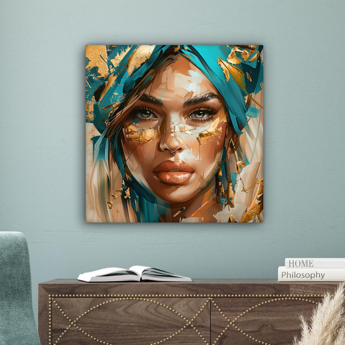 OBRAZ NA PLÁTNE Žena - Portrét - Zlato - Luxus - Modrá 50x50 cm - tyrkysová, textil (50/50cm) - MuchoWow