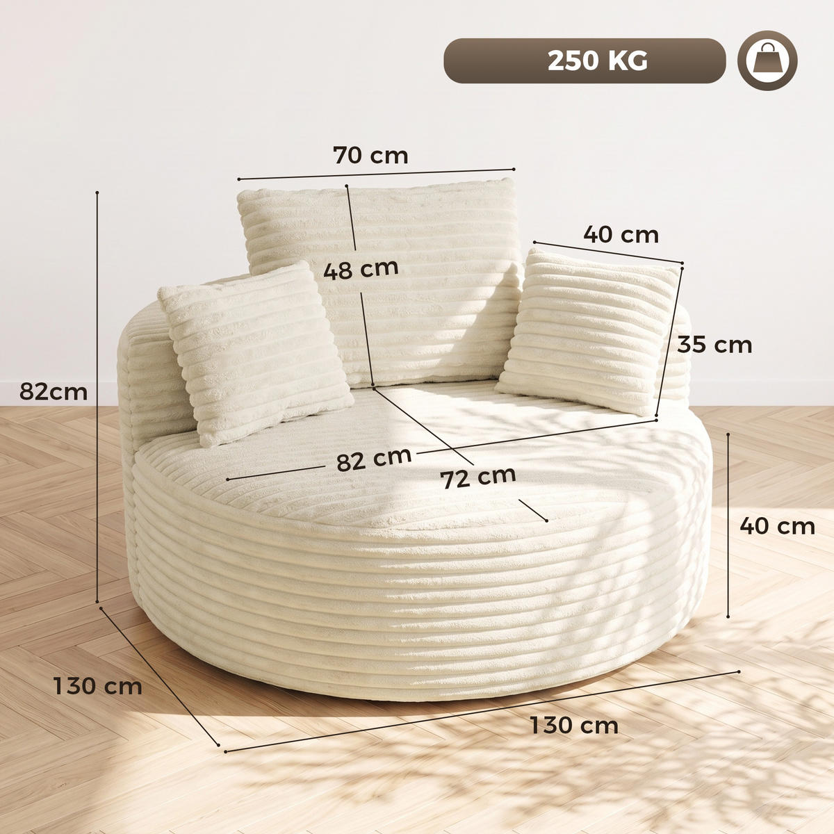 SESSEL Polyester Creme - Creme, Textil (130/82/130cm) - HOMCOM