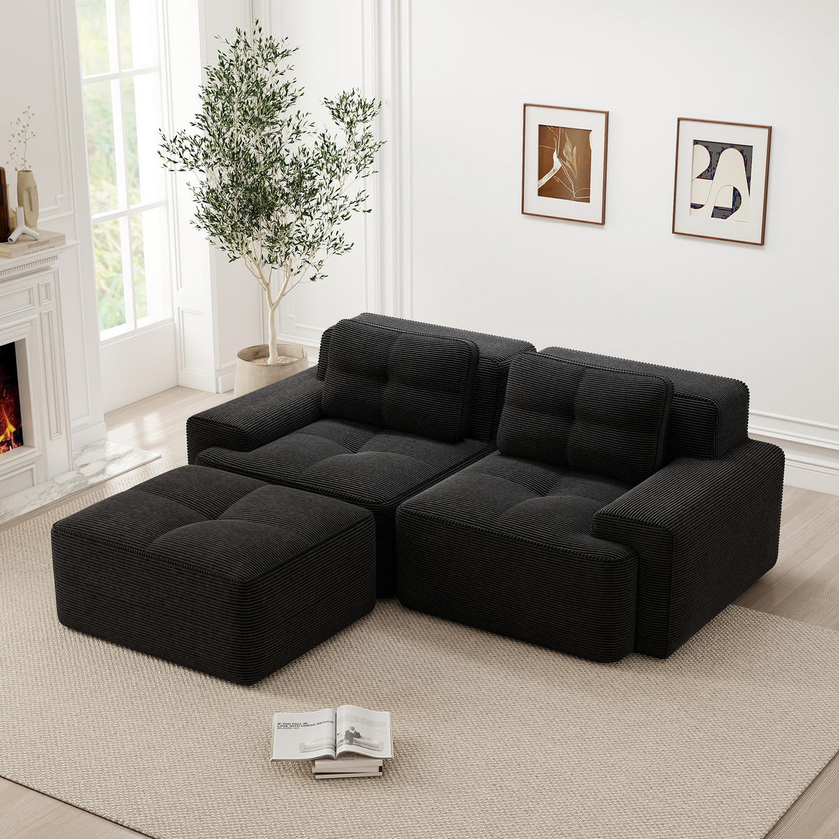 ECKSOFA boneless mit Tiefsitz, geschwungener Rückenlehne und flexiblem Aufbau, Schwarz - Schwarz, Textil (204/177cm) - Redom