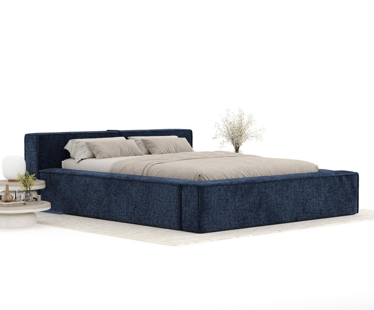 POLSTERBETT Voliera Marineblau 140/200 cm im Chenille-Stoff - Birkefarben/Schwarz, Holz/Holzwerkstoff (140/200cm) - Maison de Reve