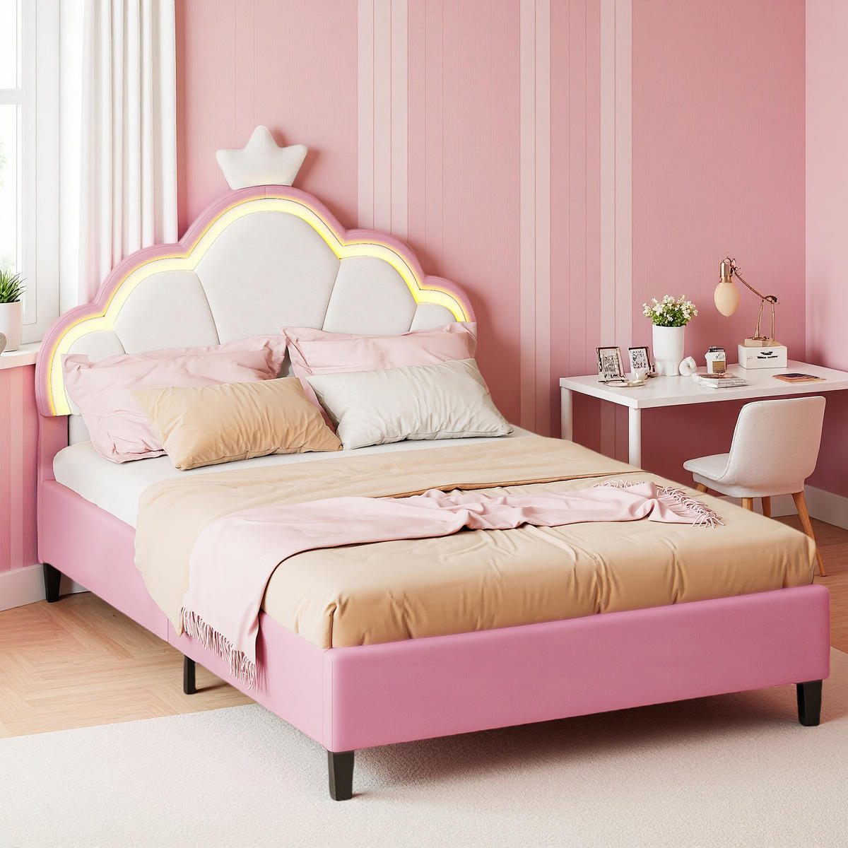 KINDERBETT 90x200cm samt rosa weiß kronen led - Pink, Metall - SHOPENTRA