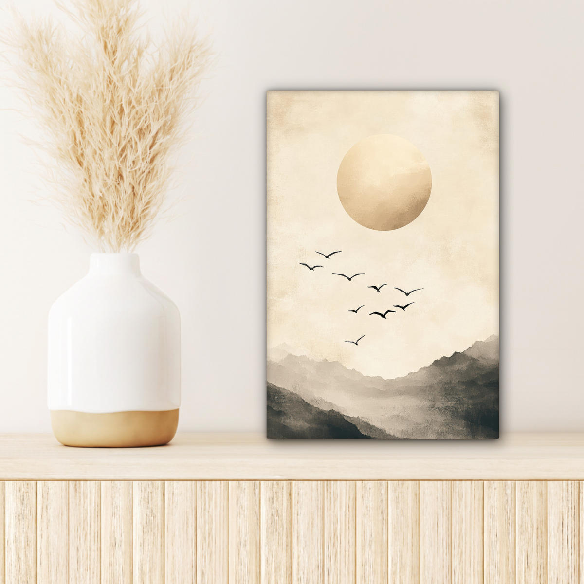 LEINWANDBILD Landschaft - Japandi - Vogel 20x30 cm - Beige, Textil (20/30cm) - MuchoWow