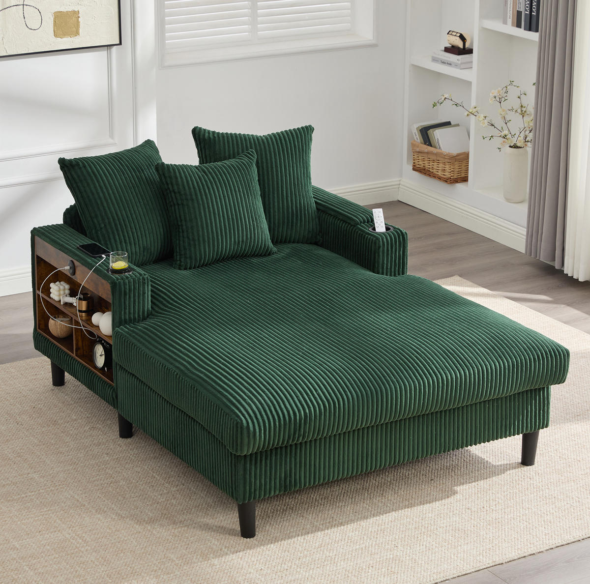 CHAISELONGUE mit LED, USB und Stauraum 129 x 170 cm Cord Emerald - Smaragdgrün, Holz (170/70/129cm) - Meubliv