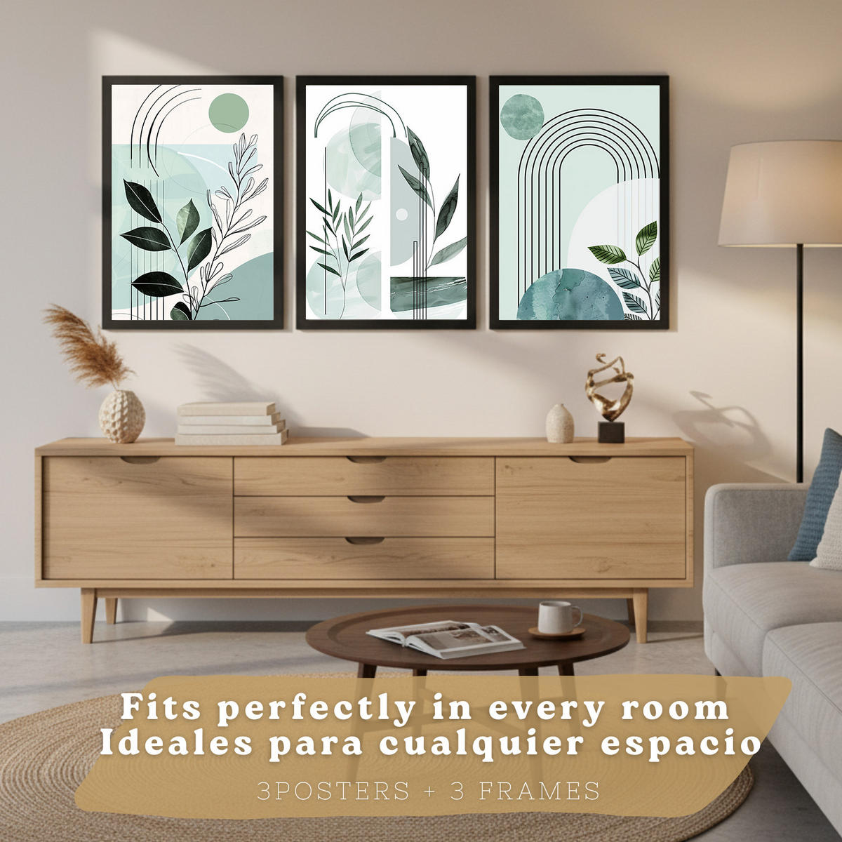 PLAKAT Sada 3 dekorativních nástěnných tisků, zelené rostliny, pro moderní dekoraci obývacího pokoje Černý rám A3 - černá, papír (29.7/42/3cm) - Nacnic