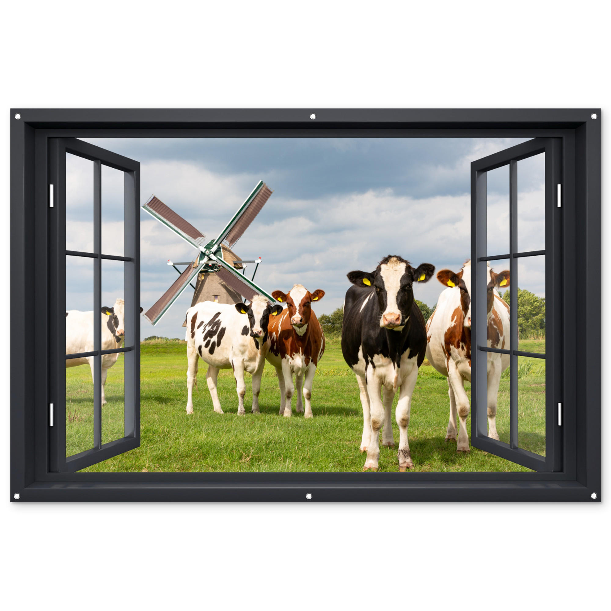 GARTENPOSTER Aussicht - Kuh - Mühle - Kühe - Wiese - Gras - Grün 180x120 cm - Anthrazit, Kunststoff (180/120/0.2cm) - OnlyWow