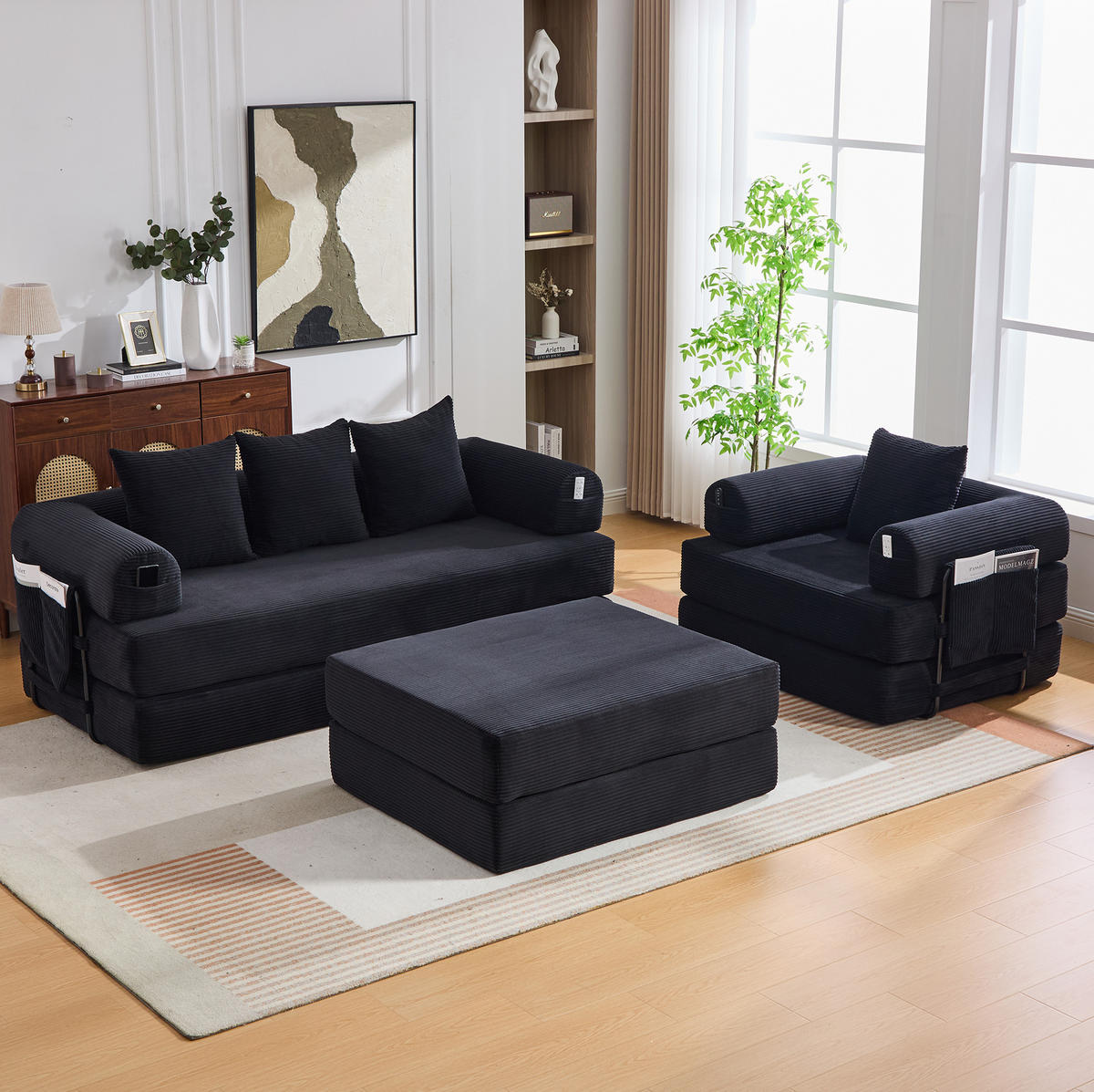 SOFA modular mit Hocker 200 x 94 x 67 cm Cord Black - Schwarz, Kunststoff (190/67/312cm) - Meubliv