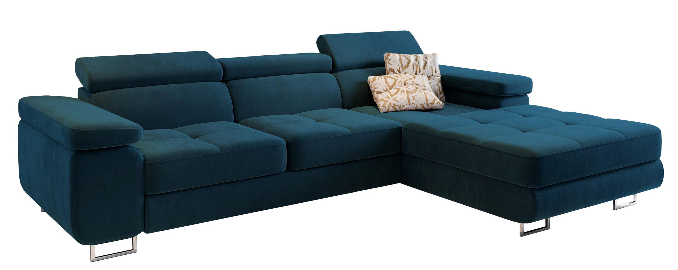 ECKSOFA ELMA R-S Blau Velours-Stoff mit Schlaffunktion - Blau, Holz (280/205cm) - MASSENO