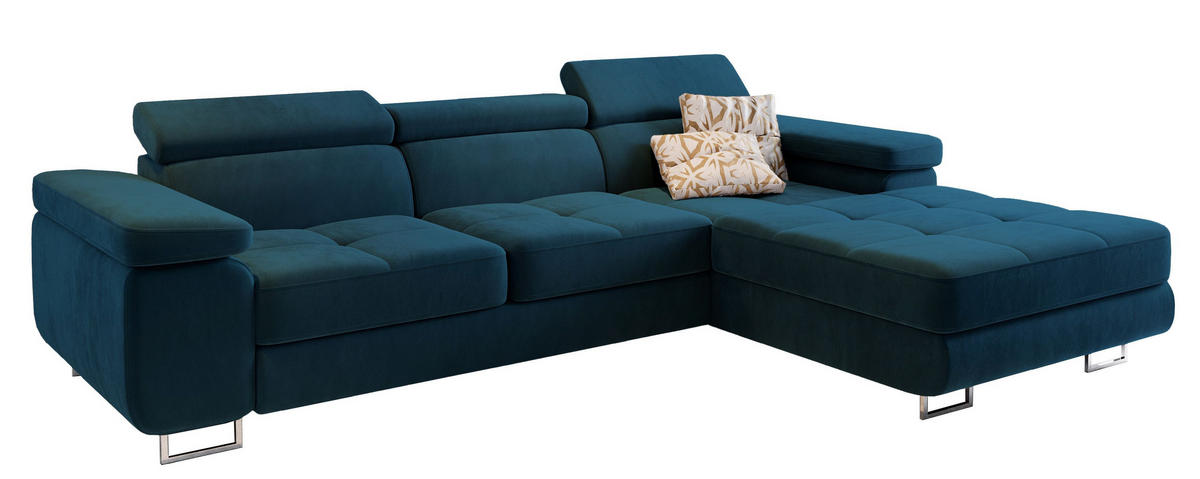 ECKSOFA ELMA R-S Blau Velours-Stoff mit Schlaffunktion - Blau, Holz (280/205cm) - MASSENO