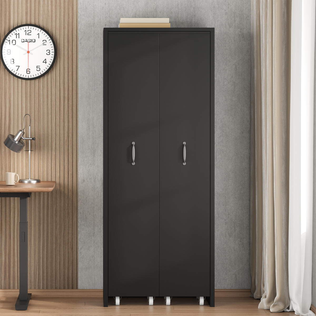 BÜCHERREGAL mit Rollen 4 Ebenen Erweiterbar MDF Modern - Schwarz, Holzwerkstoff (51.5/158/41cm) - FLIEKS