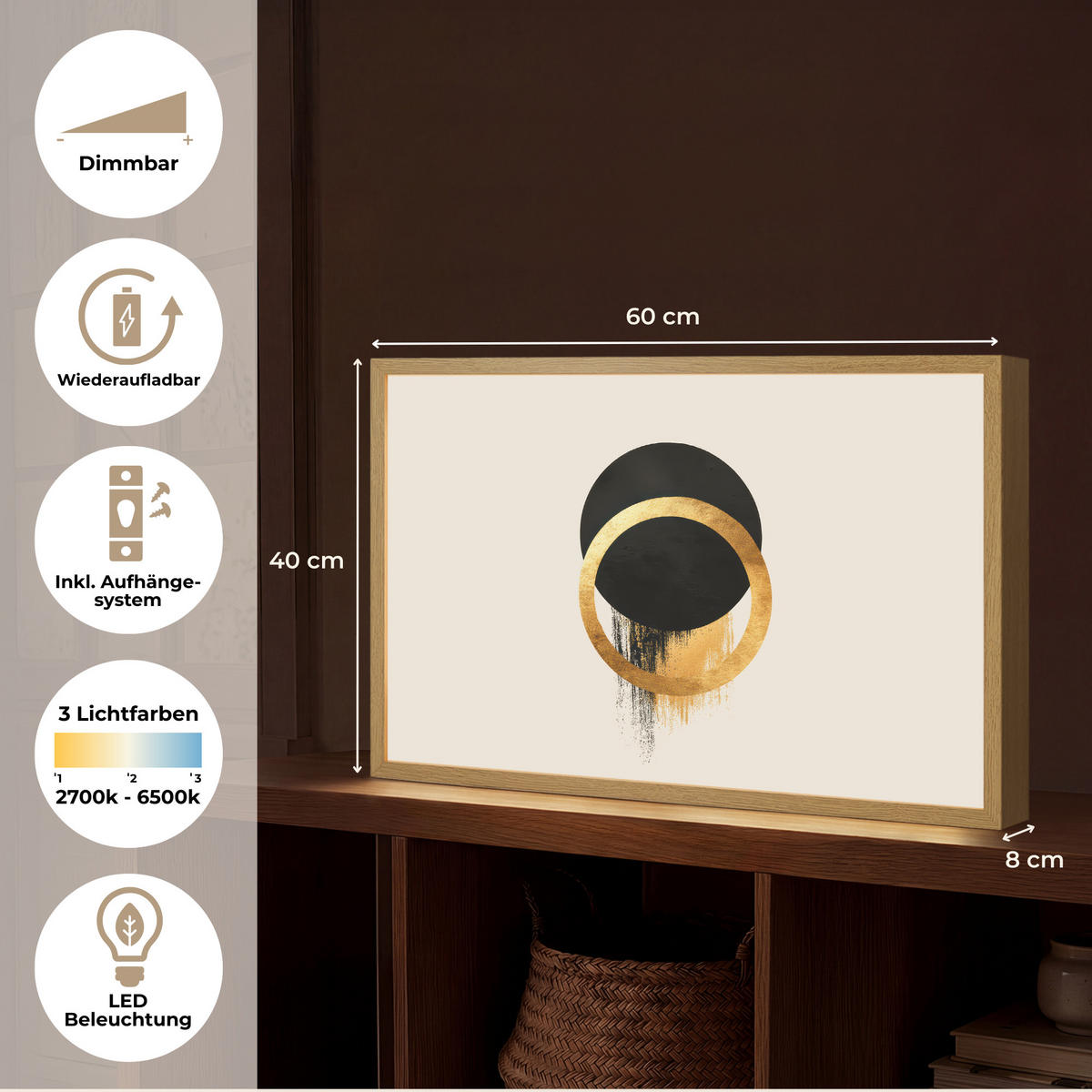 NÁSTĚNNÁ LAMPA S AKUMULÁTOREM Abstraktní design - Černý kruh - Skvrny od barvy 60x40 cm - krémová, kompozitní dřevo (60/40/8cm) - OnlyWow