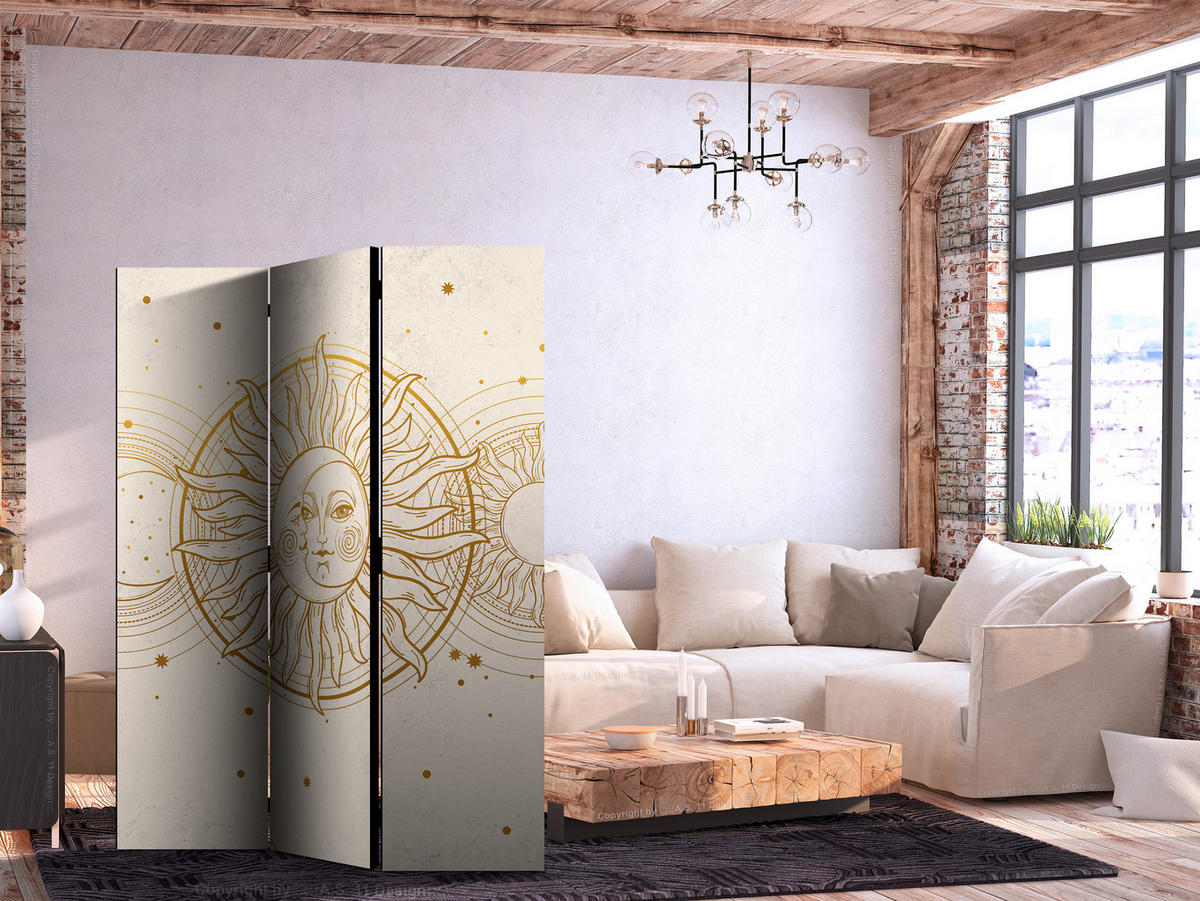 PARAVENT Akustik 3-tlg 135x172 cm Sonne Mond Boho Stil - Beige, Holz/Textil (135/172/3cm) - Muralo