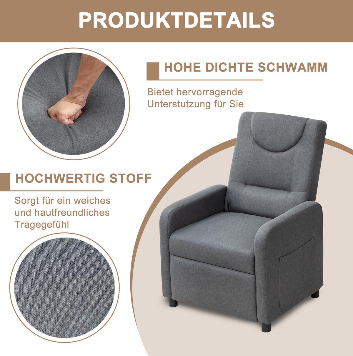 RELAXSESSEL Leinen mit verstellbarer Rückenlehne, Fußstütze 76,5/67,5/95,5 cm Dunkelgrau - Grau, Kunststoff (67.5/95.5/76.5cm) - Redom