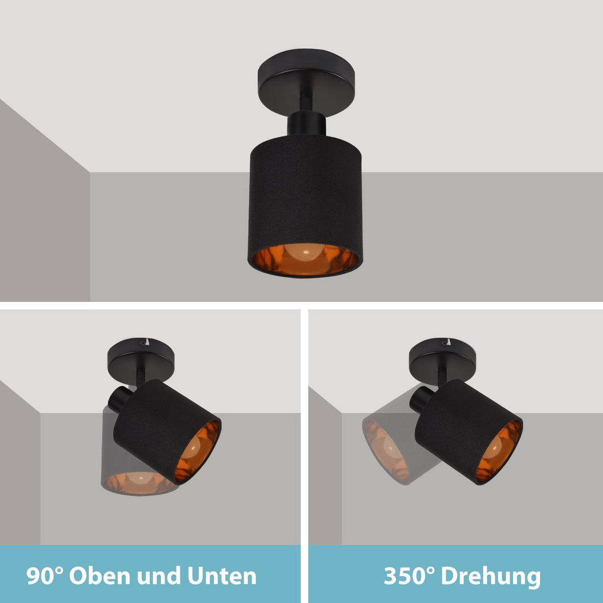 DECKENSTRAHLER Mehrfachter 12/21/12cm - Schwarz, Metall (21/12/12cm) - ZMH