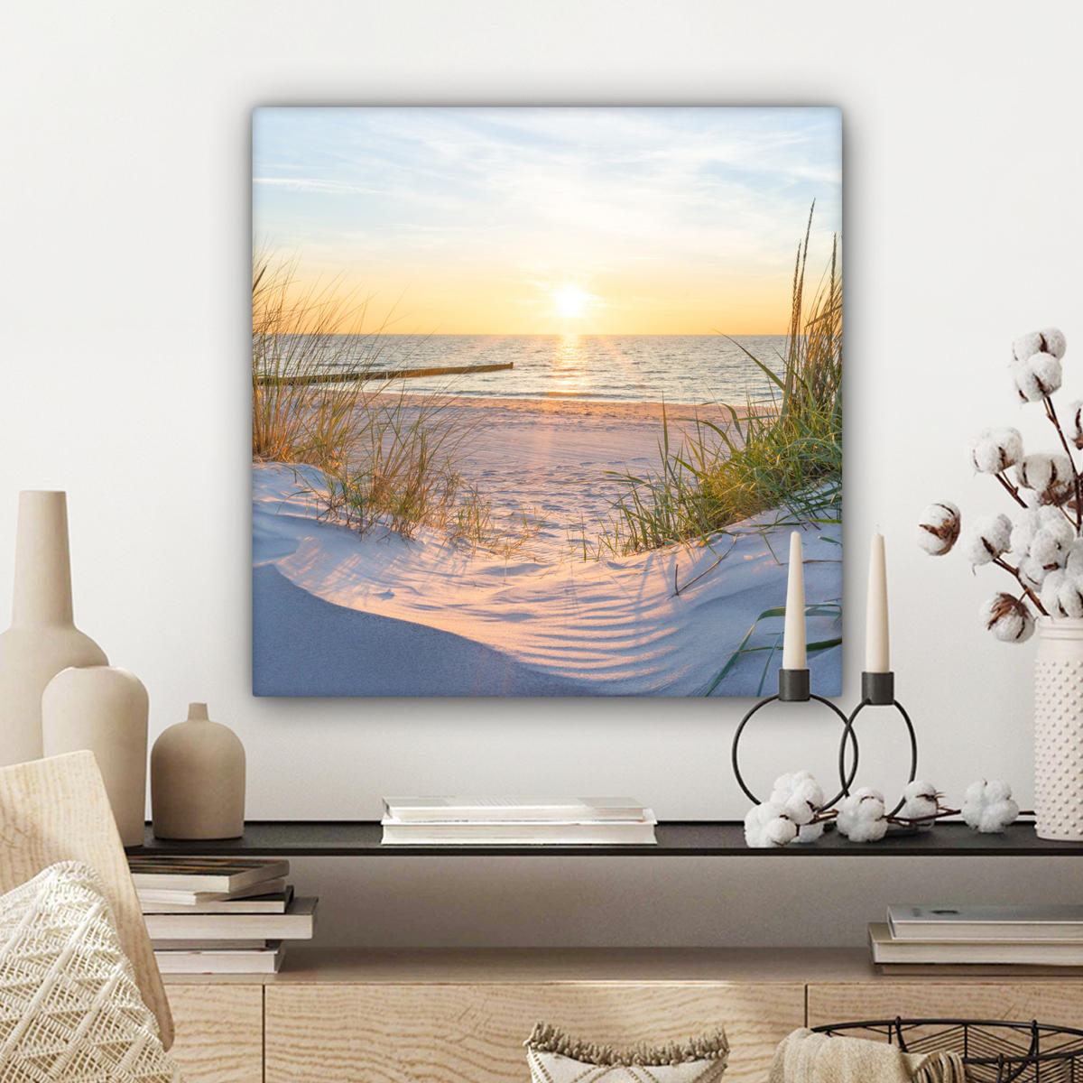 LEINWANDBILD Strand - Sonne - Düne - Gras - Sand - Horizont 50x50 cm - Hellblau, Textil (50/50cm) - MuchoWow