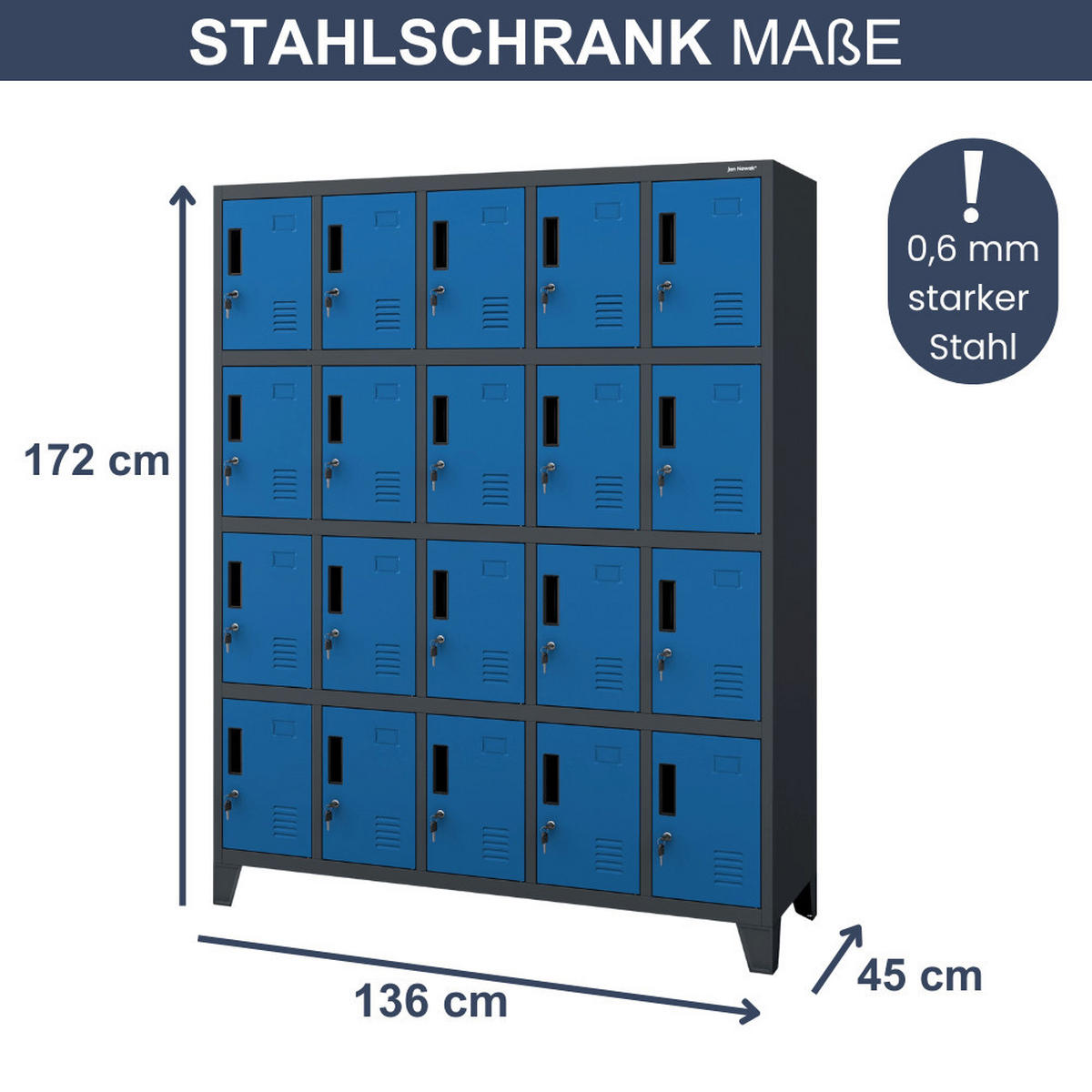 SCHLIESSFACHSCHRANK Spind TAMPA 20 Fächer172x136x45cm Anthrazit-Blau - Anthrazit, Metall (136/172/45cm) - DELUKE