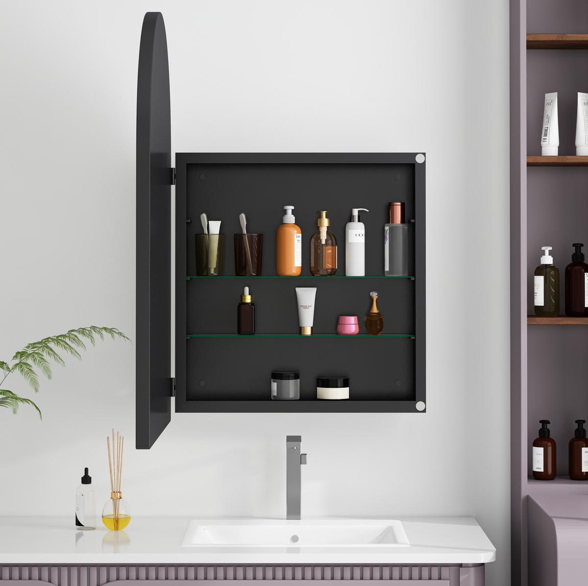 SPIEGELSCHRANK 91x61x12cm schwarz mit gehärtetem Glas Wandmontage,Feuchtigkeitsbeständig,Integrierter Stauraum - Silberfarben, Glas (61/91/12cm) - Modfu