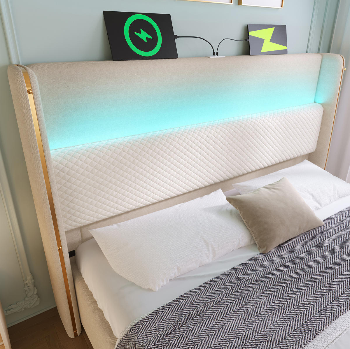 ČALOUNĚNÁ postel 160/200 cm s LED osvětlením, USB a USB-C, hydraulickým úložným prostorem a lněným vzhledem, Béžová - béžová, textil (160/200cm) - Redom