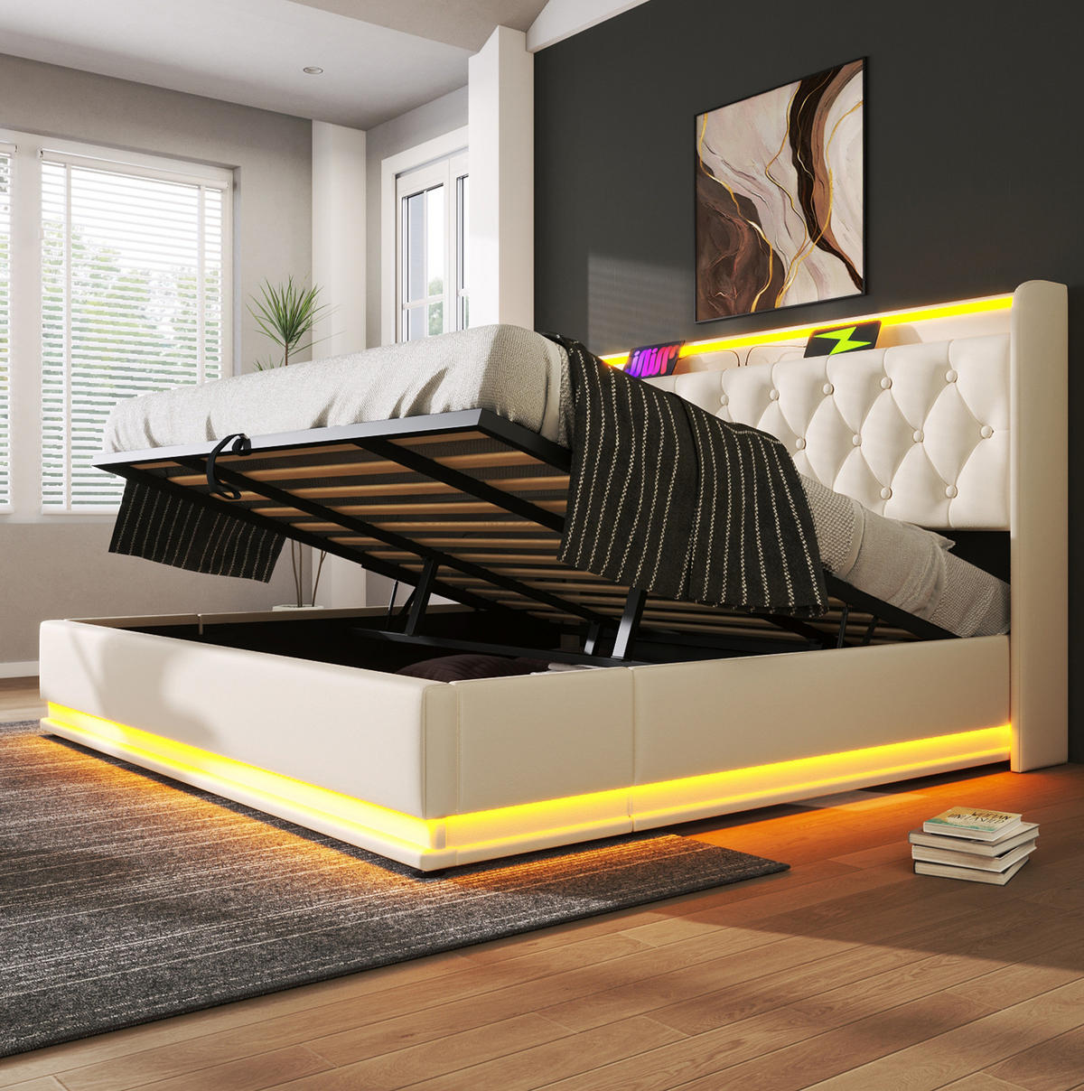 POLSTERBETT mit LED und Stauraum 180x200 cm PU White - Weiß, Metall (180/200cm) - Meubliv