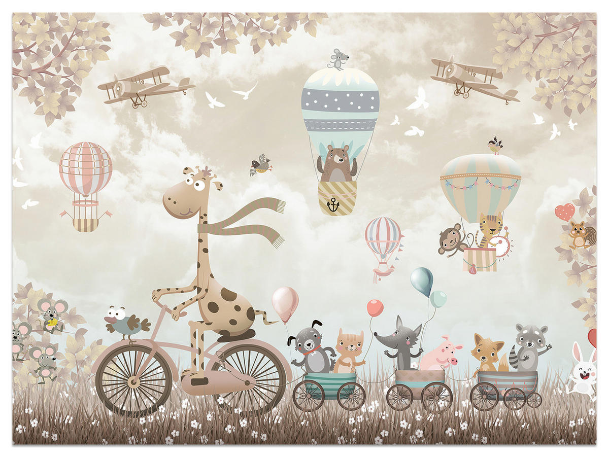 FOTOTAPETE Tiere auf Fahrrädern Luftballons Flugzeuge Pflanzen 450x315 - Blau/Beige, Papier (450/315cm) - Muralo