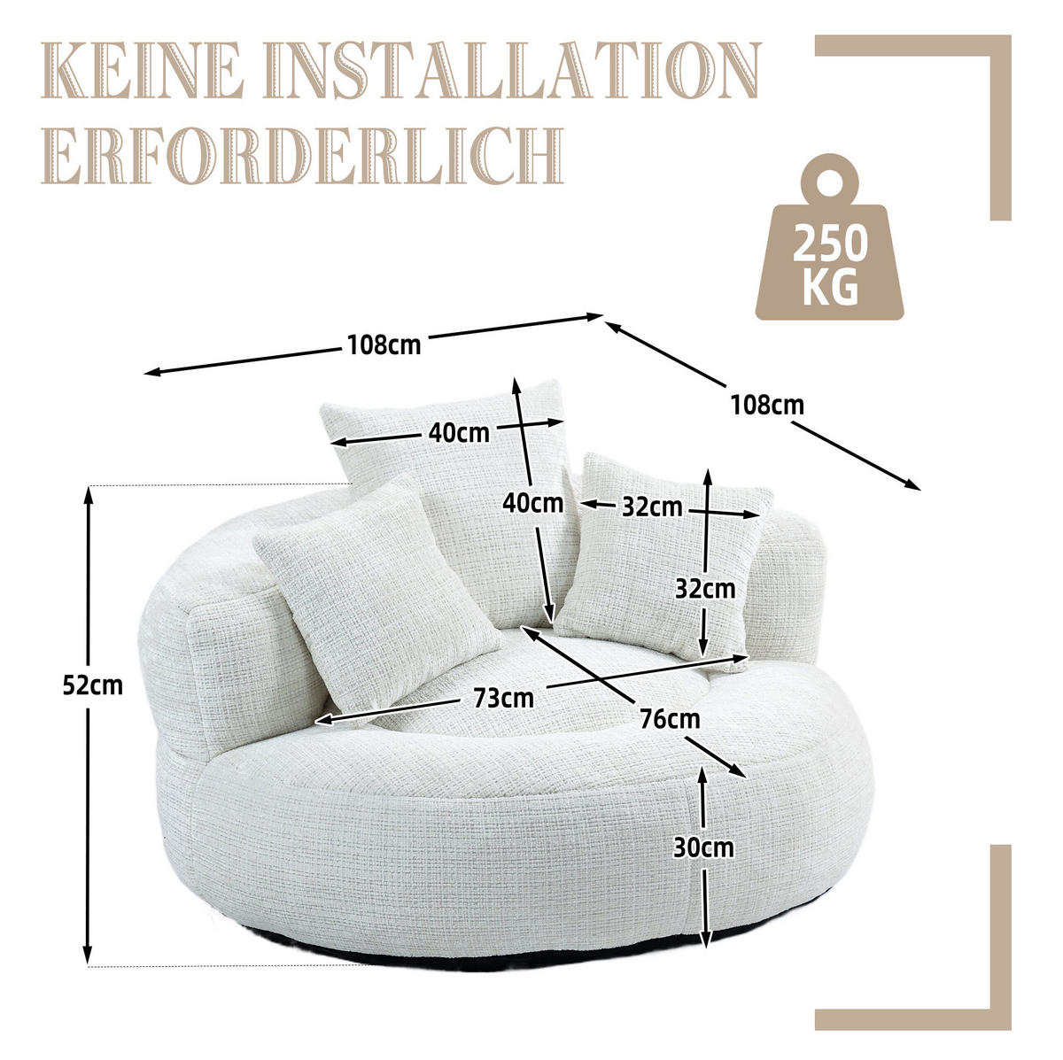 SITZSACK Chenille Beige 108 x 108 x 52 cm - Beige, Kunststoff (108/52/108cm) - Beauniv
