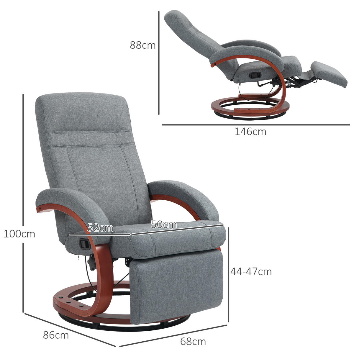RELAXSESSEL mit Liegefunktion, Grau - Grau, Textil (86/100/68cm) - HOMCOM