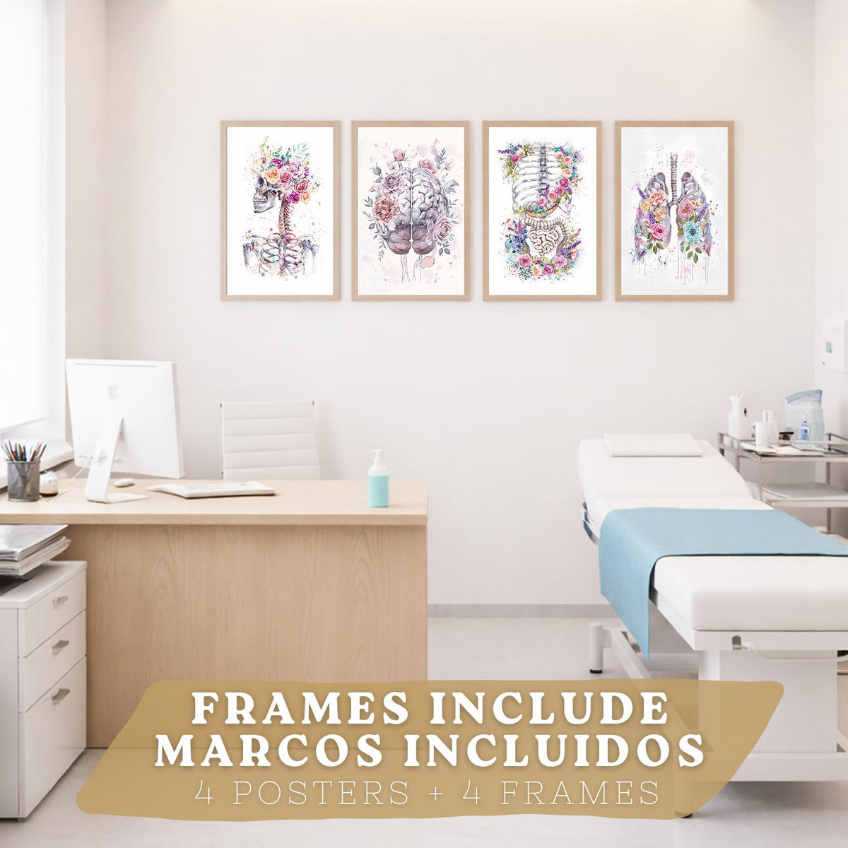 POSTER Set aus 4 Anatomie Mensch Drucke und mit Schädel Lungen Verdauungssystem und Gehirn Florales Aquarell Design Größe Leichter Holzrahmen A3 - Beige, Papier (29.7/42/3cm) - Nacnic