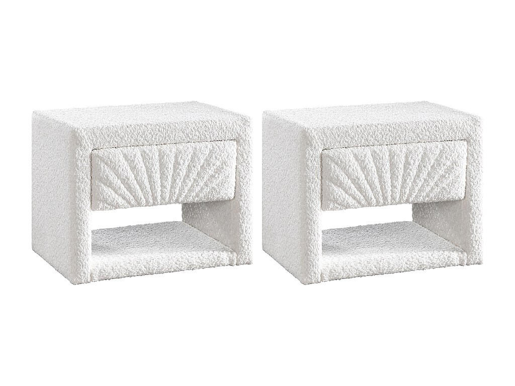 2ER-SET Nachttische - 1 Schublade und 1 Ablage - Bouclé-Stoff - Weiß - ULAMI - Weiß, Textil (35/41/50cm) - Vente-Unique