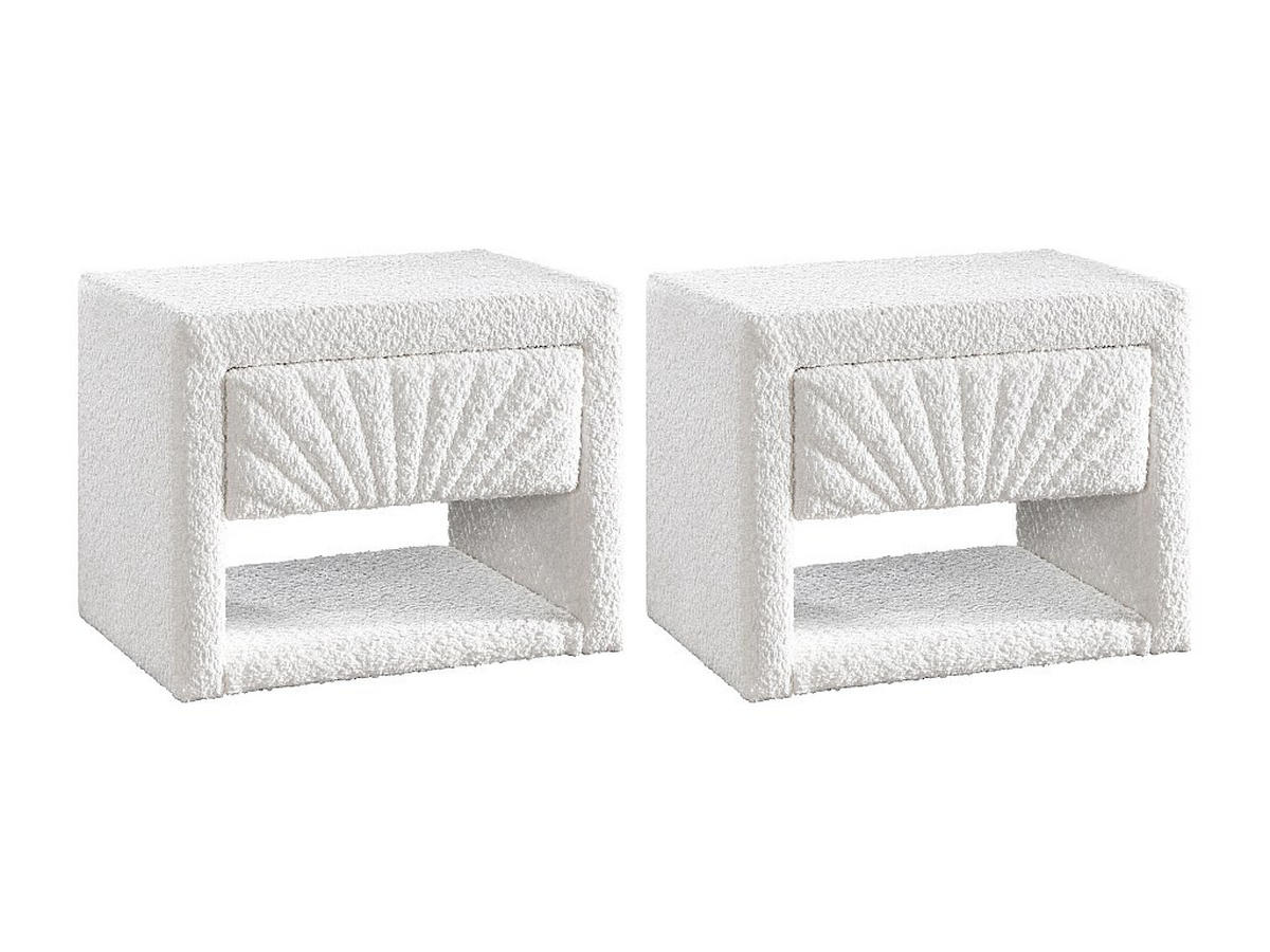 2ER-SET Nachttische - 1 Schublade und 1 Ablage - Bouclé-Stoff - Weiß - ULAMI - Weiß, Textil (35/41/50cm) - Vente-Unique