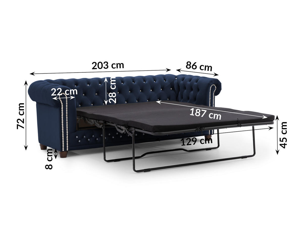 CHESTERFIELD-SOFA 3-Sitzer mit Schlaffunktion Cleo Blink Marineblau Samt mit Kristallsteppung und braunen Massivholzfüßen - Blau/Braun, Holz/Textil (203/72/86cm) - S-Style Möbel
