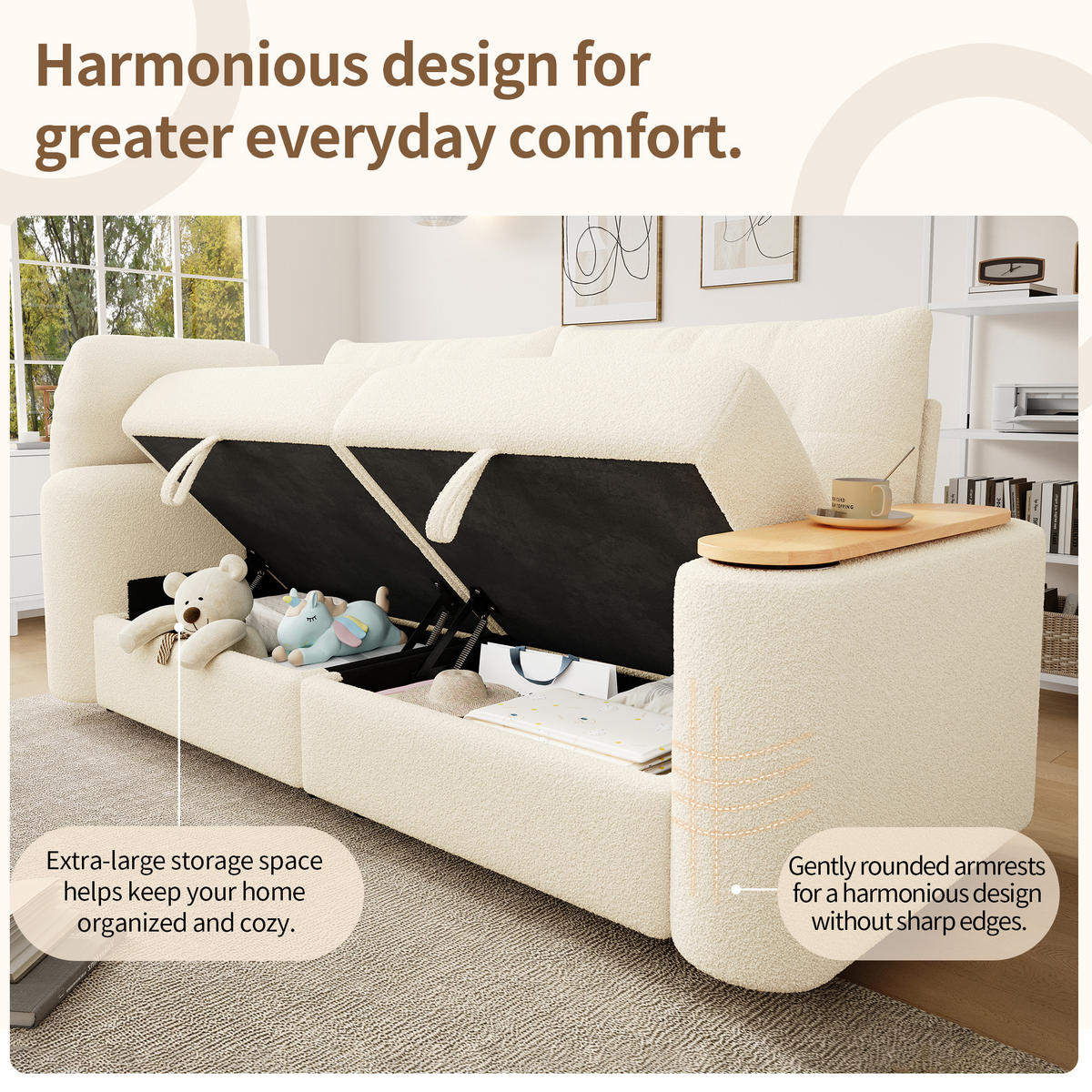 SCHLAFSOFA 3-Sitzer mit Teddyplüsch und Stauraum, Beige - Beige, Textil (207.5/87/80cm)